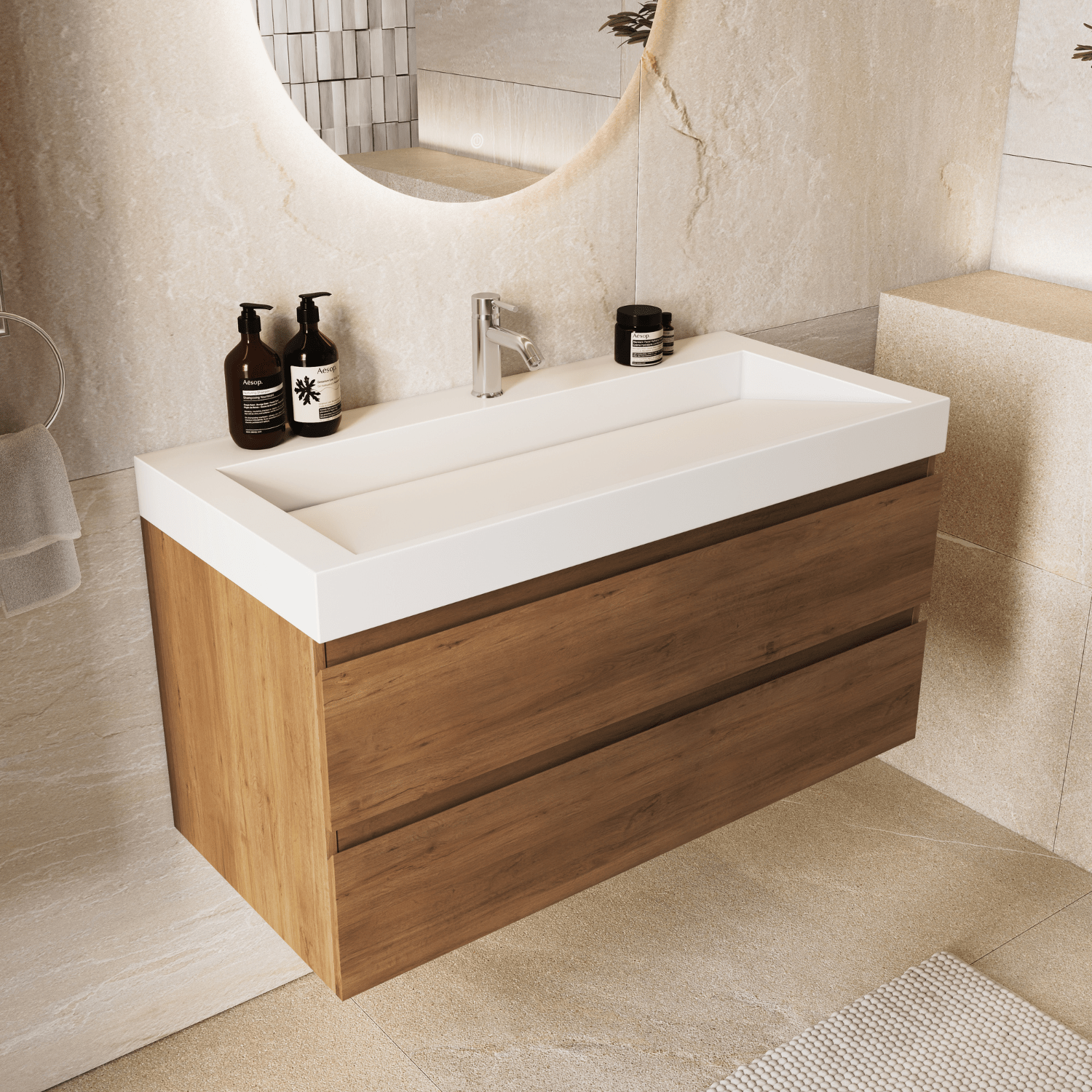 AZURO Warm Eiken - Wastafel Wit - Met Kolomkast - 100cm - lomazoo.com