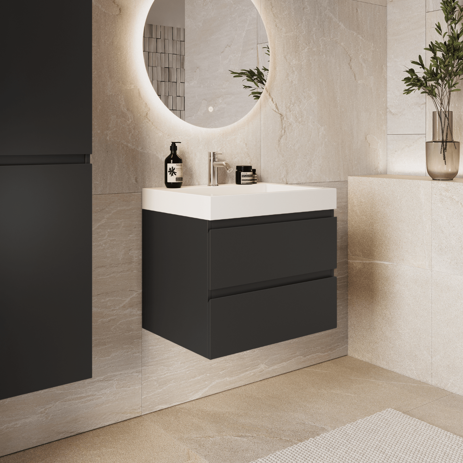 AZURO Mat Zwart - Wastafel Wit - Met Kolomkast - 60cm - lomazoo.com