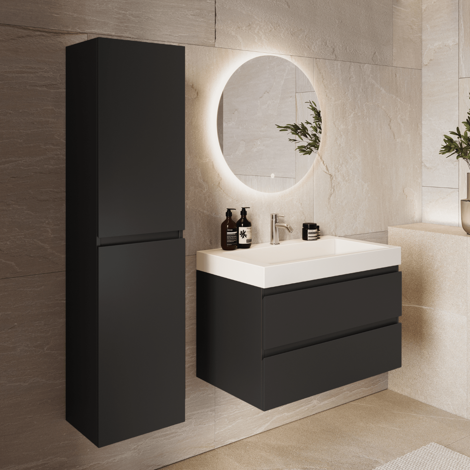 AZURO Mat Zwart - Wastafel Wit - Met Kolomkast - 80cm - lomazoo.com