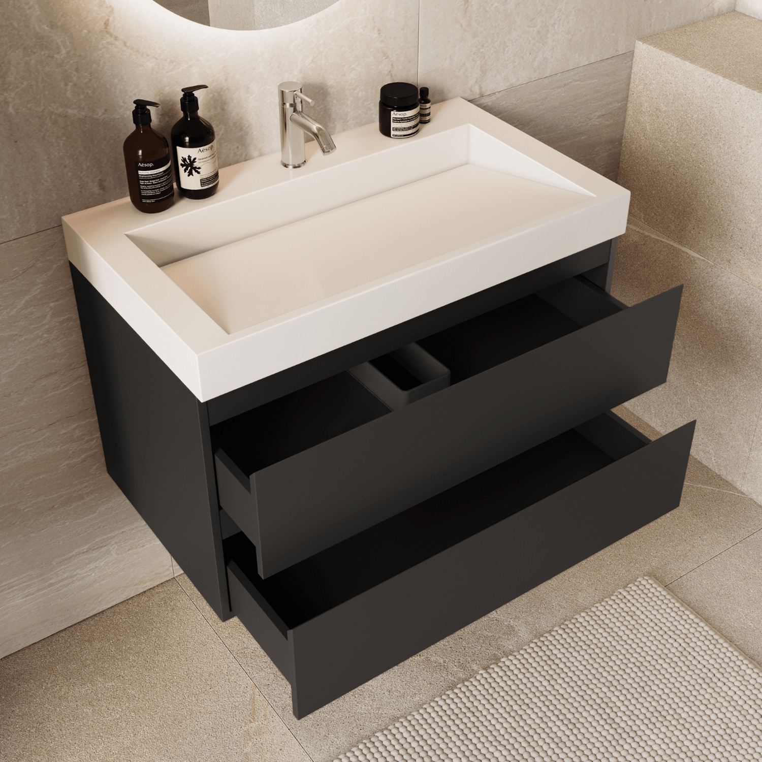 AZURO Mat Zwart - Wastafel Wit - Met Kolomkast - 80cm - lomazoo.com