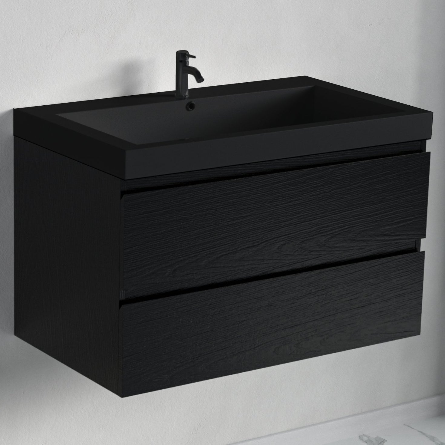 Badmeubelset AVALON 80 cm - Met Kolomkast - Zwart Eiken - Wastafel Zwart - lomazoo.com