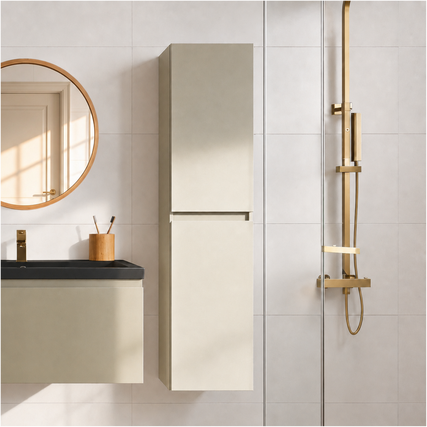 Badmeubelset SORRENTO 100cm - Met Kolomkast - Greige - Wastafel Zwart - lomazoo.com
