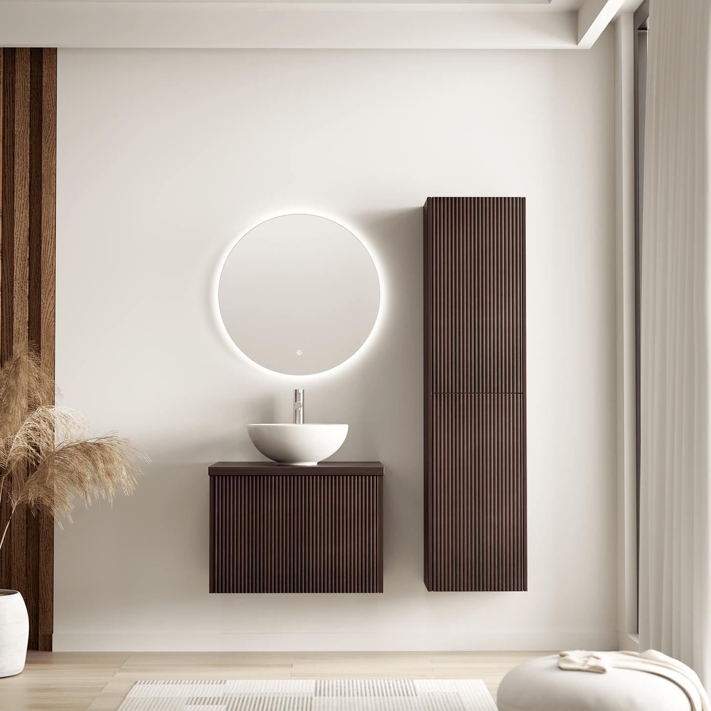 Badmeubelset TROPANI 60 cm - Walnoot - Ribbel front - Waskom Wit - lomazoo.com