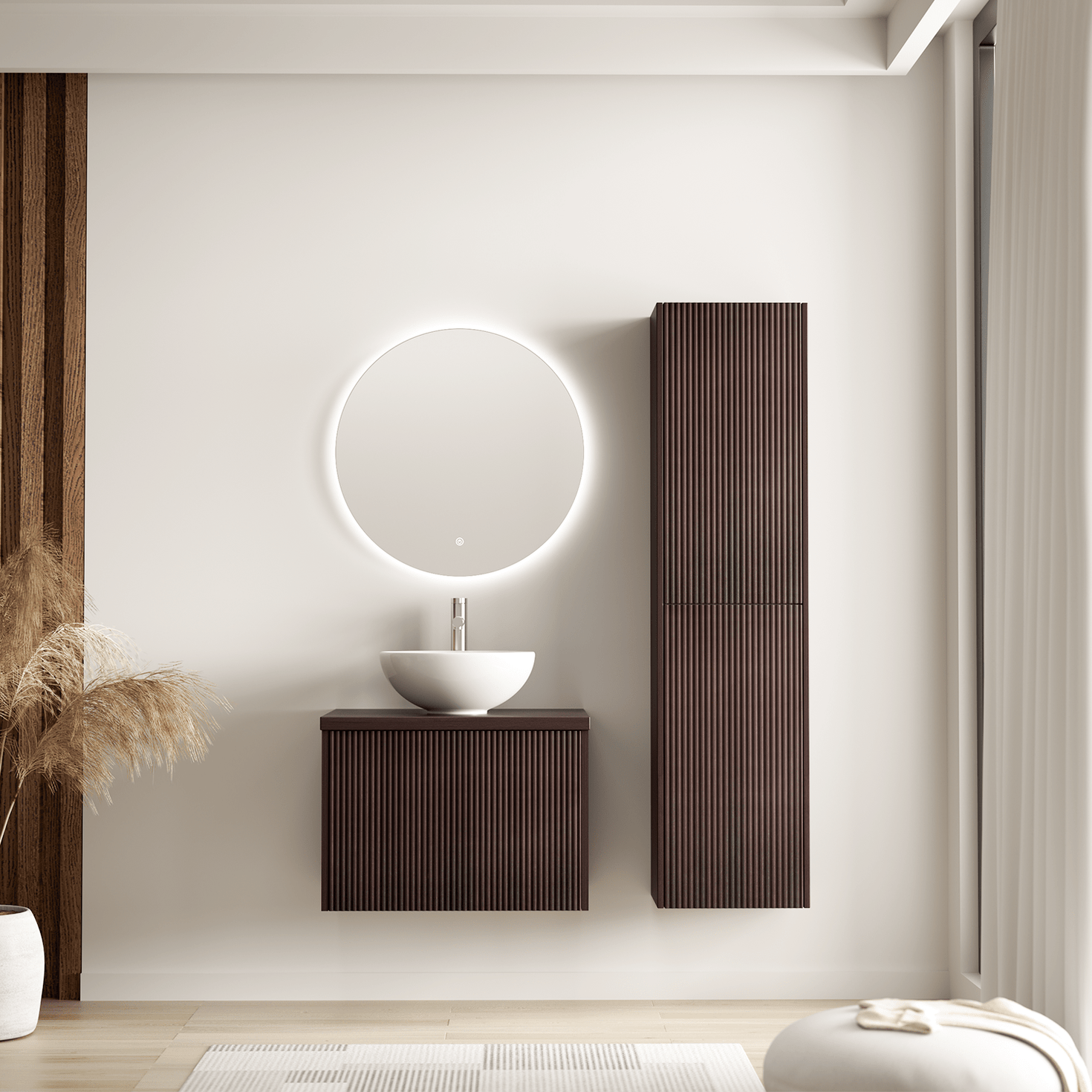 Badmeubelset TROPANI 60 cm - Walnoot - Ribbel front - Waskom Wit - lomazoo.com