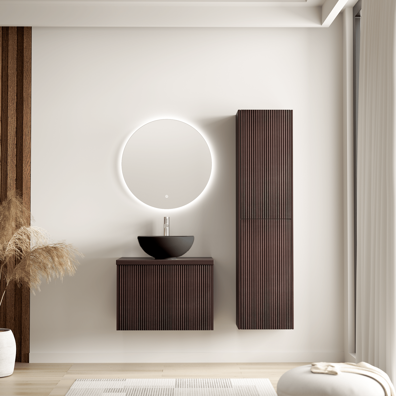 Badmeubelset TROPANI 60 cm - Walnoot - Ribbel front - Waskom Zwart - lomazoo.com