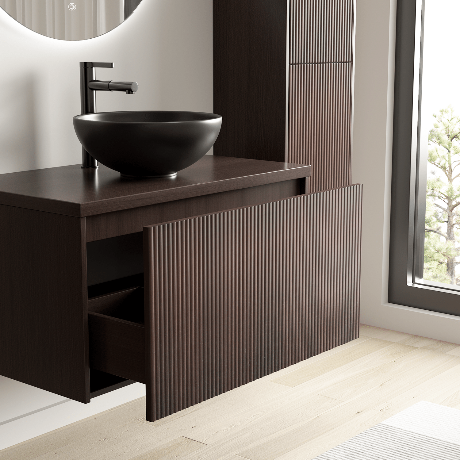 Badmeubelset TROPANI 80 cm - Walnoot - Ribbel front - Waskom Zwart - lomazoo.com