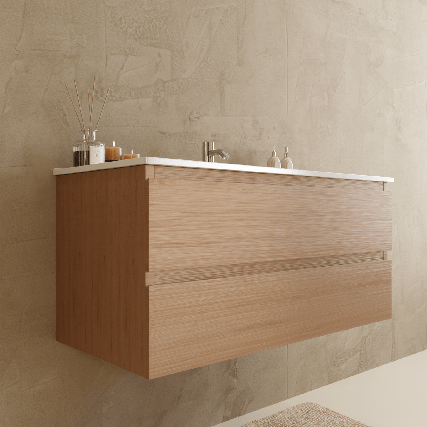 Badmeubelset VERONA 100 cm - Met Kolomkast - Licht Eiken - Wastafel Wit - lomazoo.com