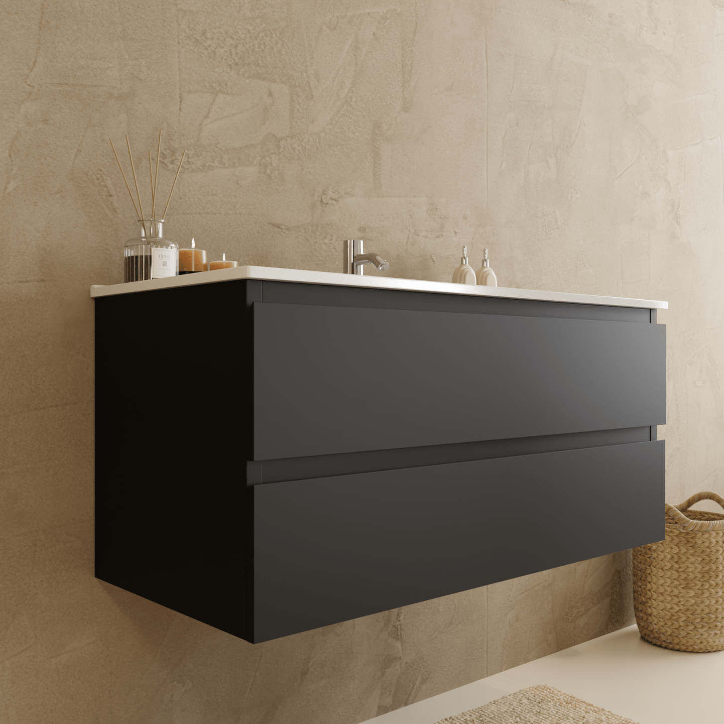 Badmeubelset VERONA 100 cm - Met Kolomkast - Mat Zwart - Wastafel Wit - lomazoo.com