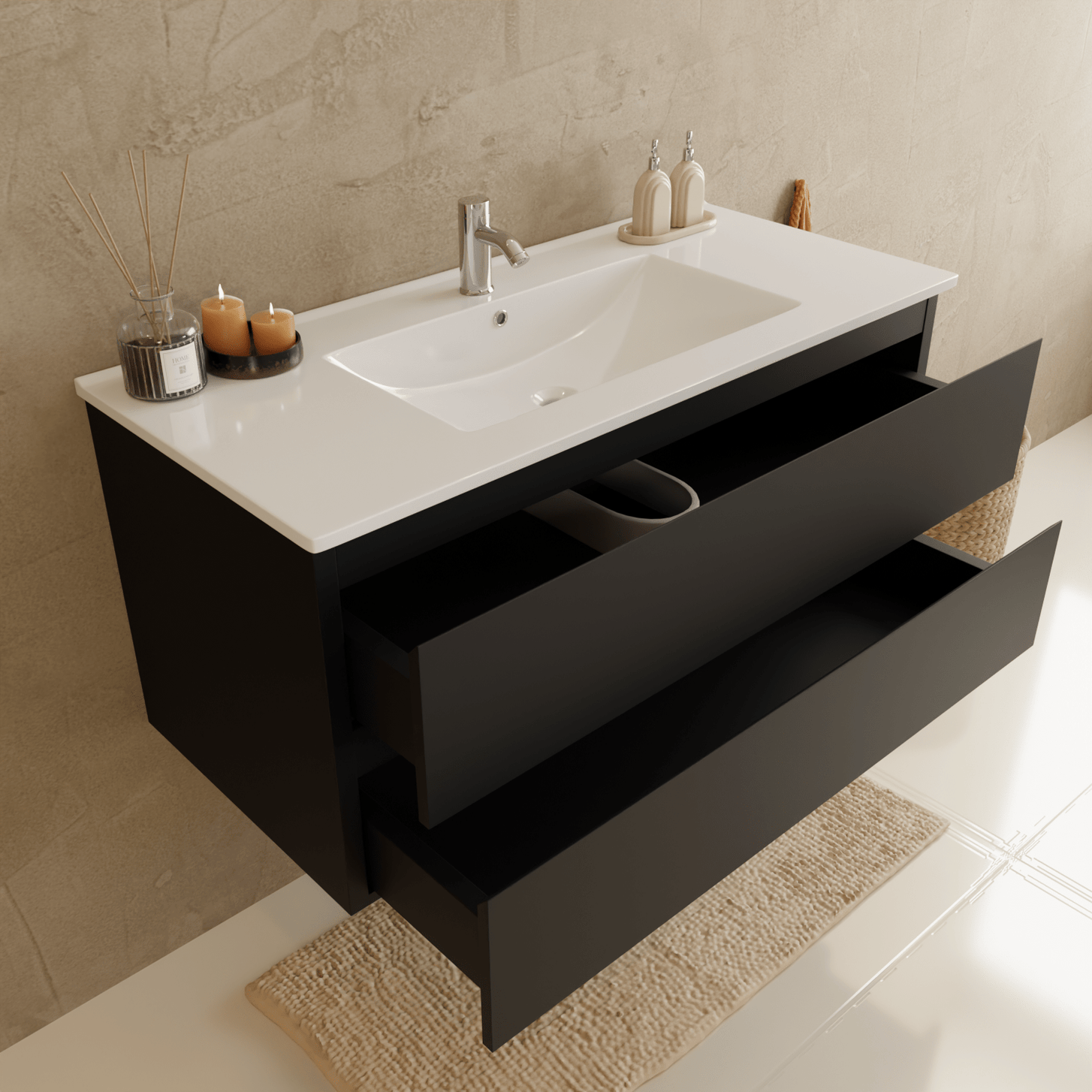 Badmeubelset VERONA 100 cm - Met Kolomkast - Mat Zwart - Wastafel Wit - lomazoo.com