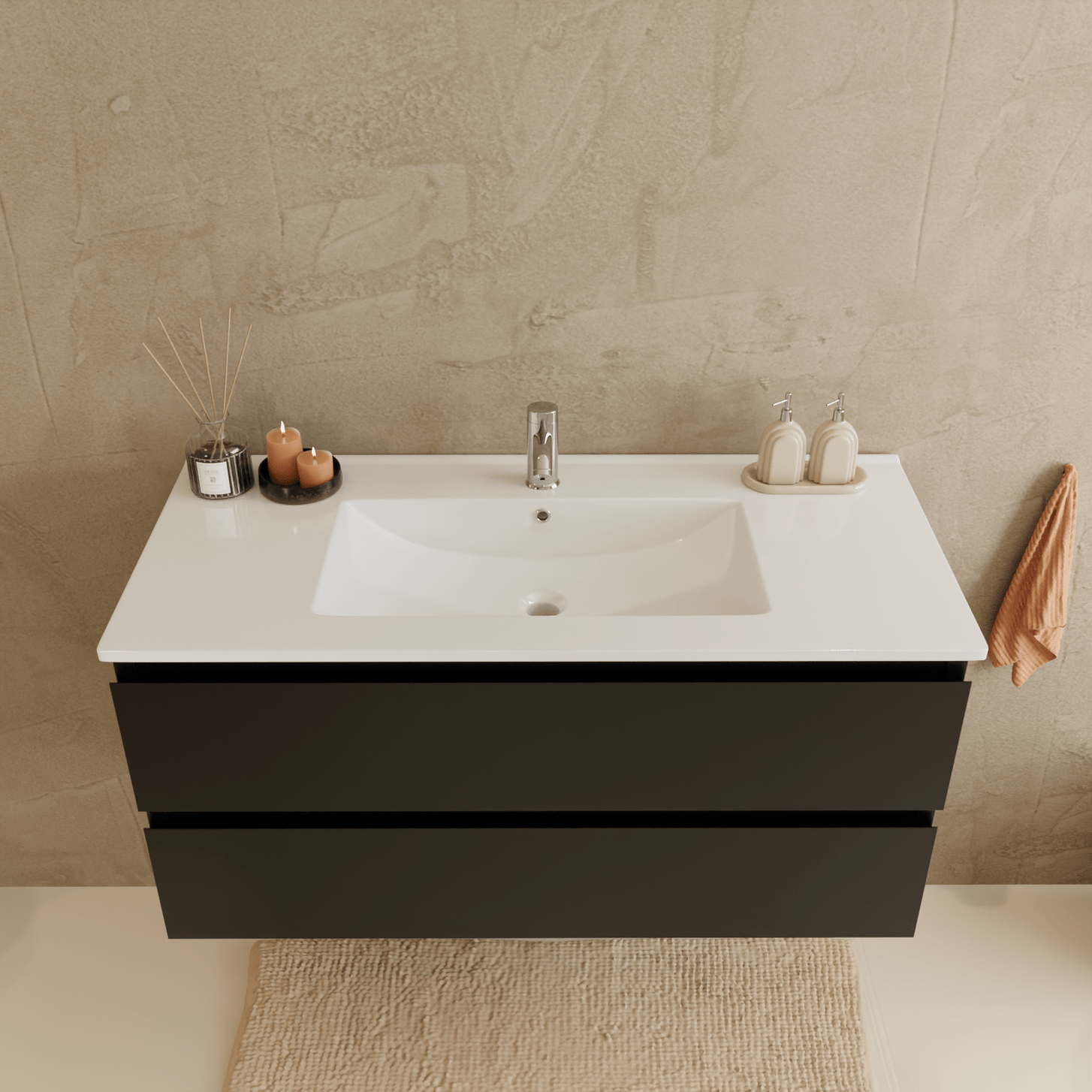 Badmeubelset VERONA 100 cm - Met Kolomkast - Mat Zwart - Wastafel Wit - lomazoo.com