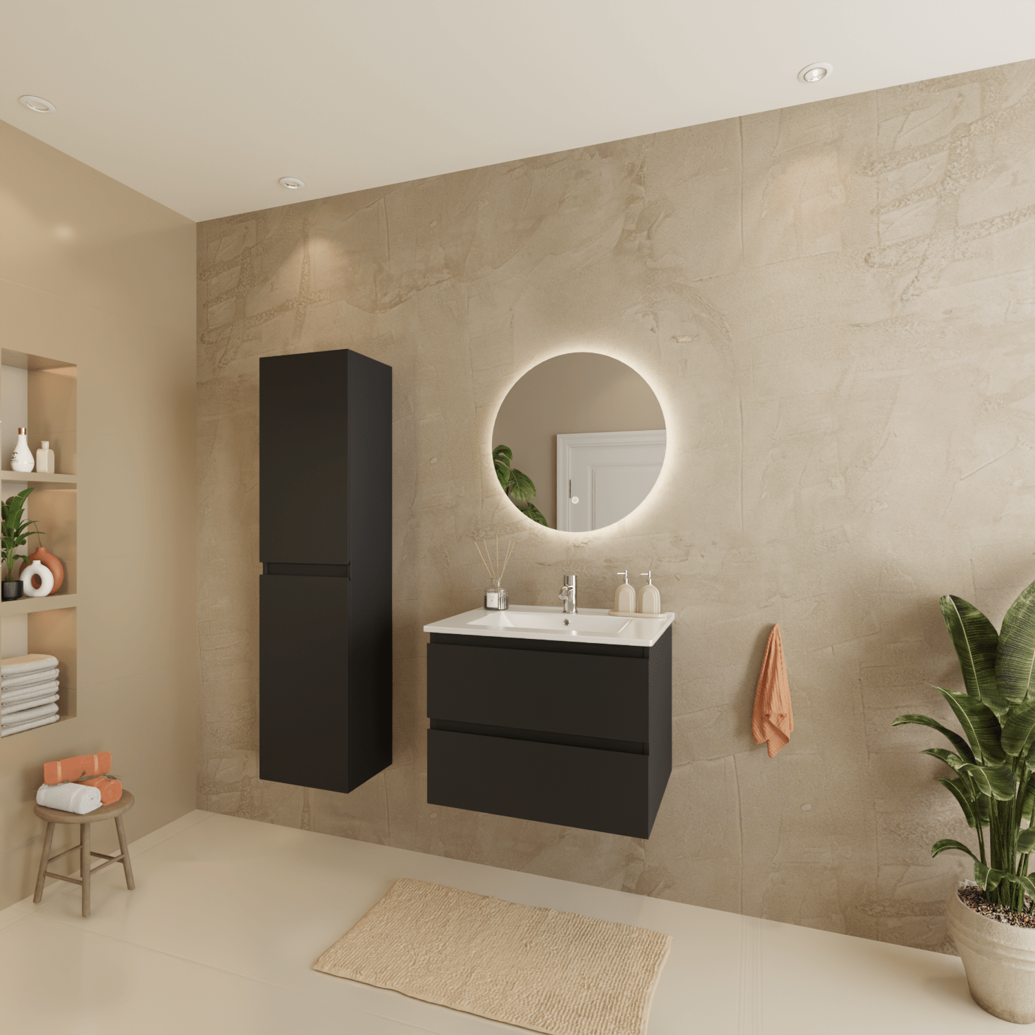 Badmeubelset VERONA 60 cm - Met Kolomkast - Mat Zwart - Wastafel Wit - lomazoo.com