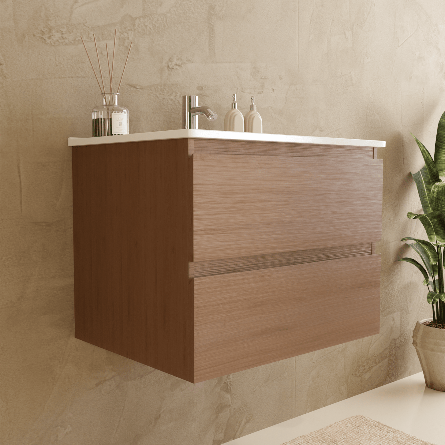 Badmeubelset VERONA 60 cm - Met Kolomkast - Warm Eiken - Wastafel Wit - lomazoo.com