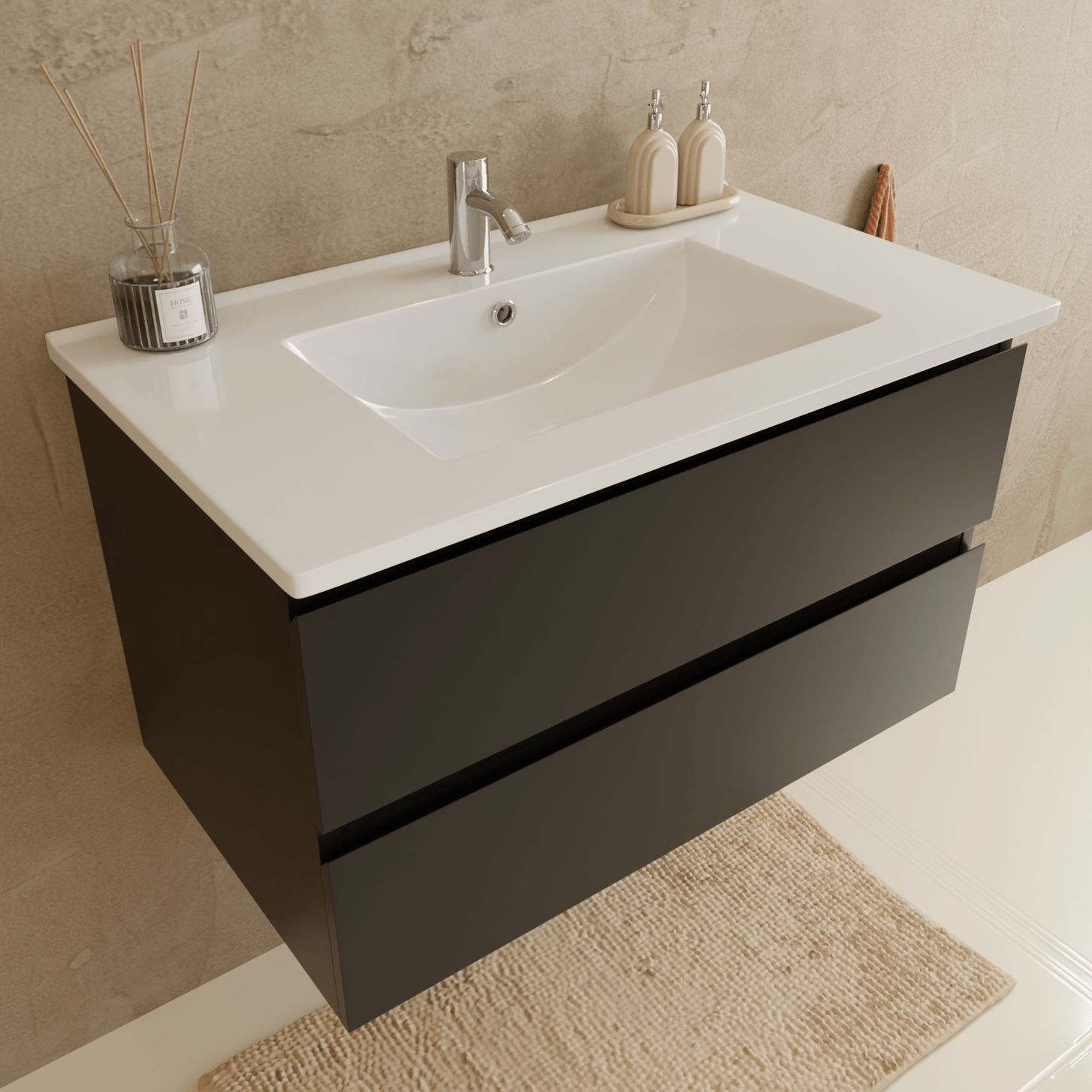 Badmeubelset VERONA 80 cm - Met Kolomkast - Mat Zwart - Wastafel Wit - lomazoo.com