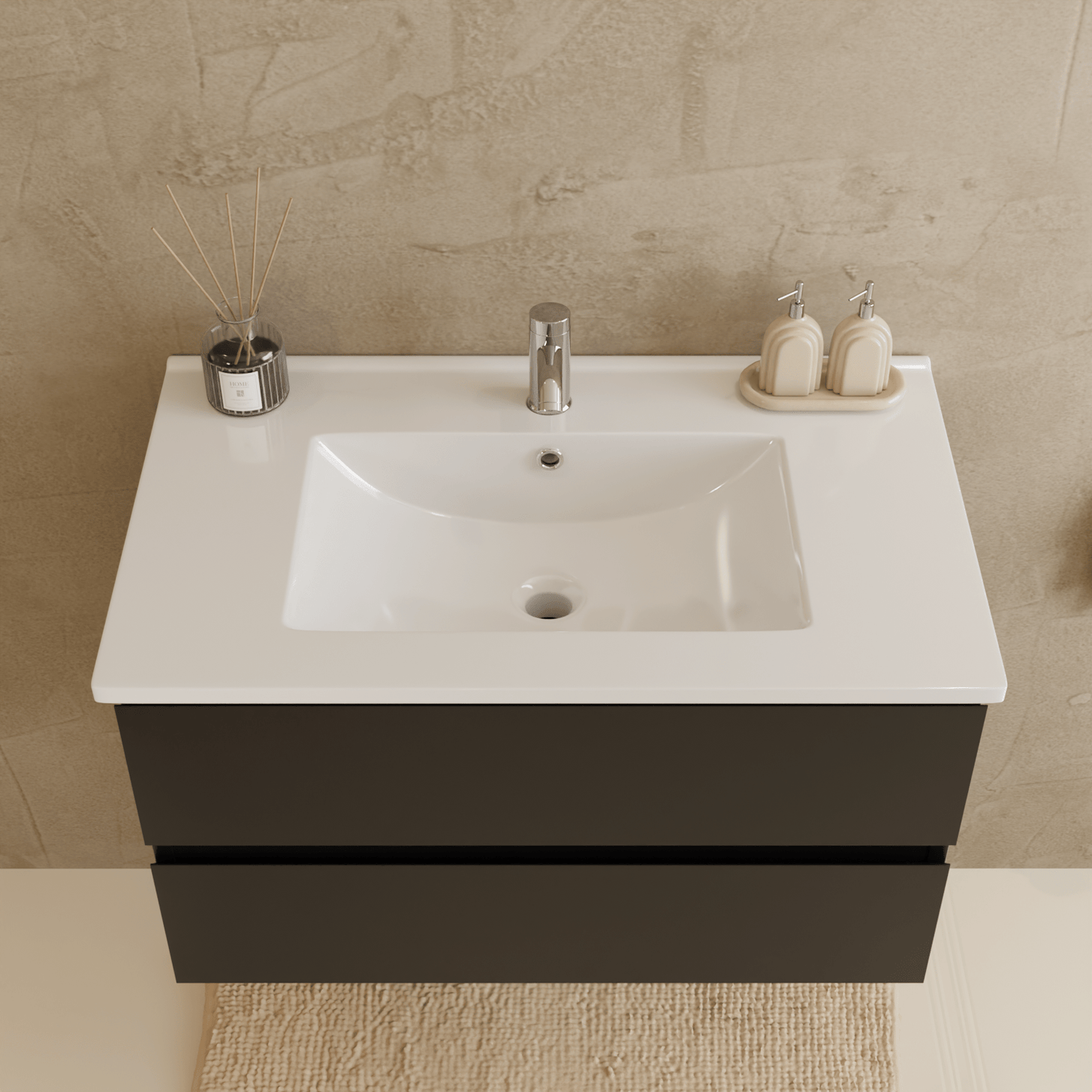 Badmeubelset VERONA 80 cm - Met Kolomkast - Mat Zwart - Wastafel Wit - lomazoo.com