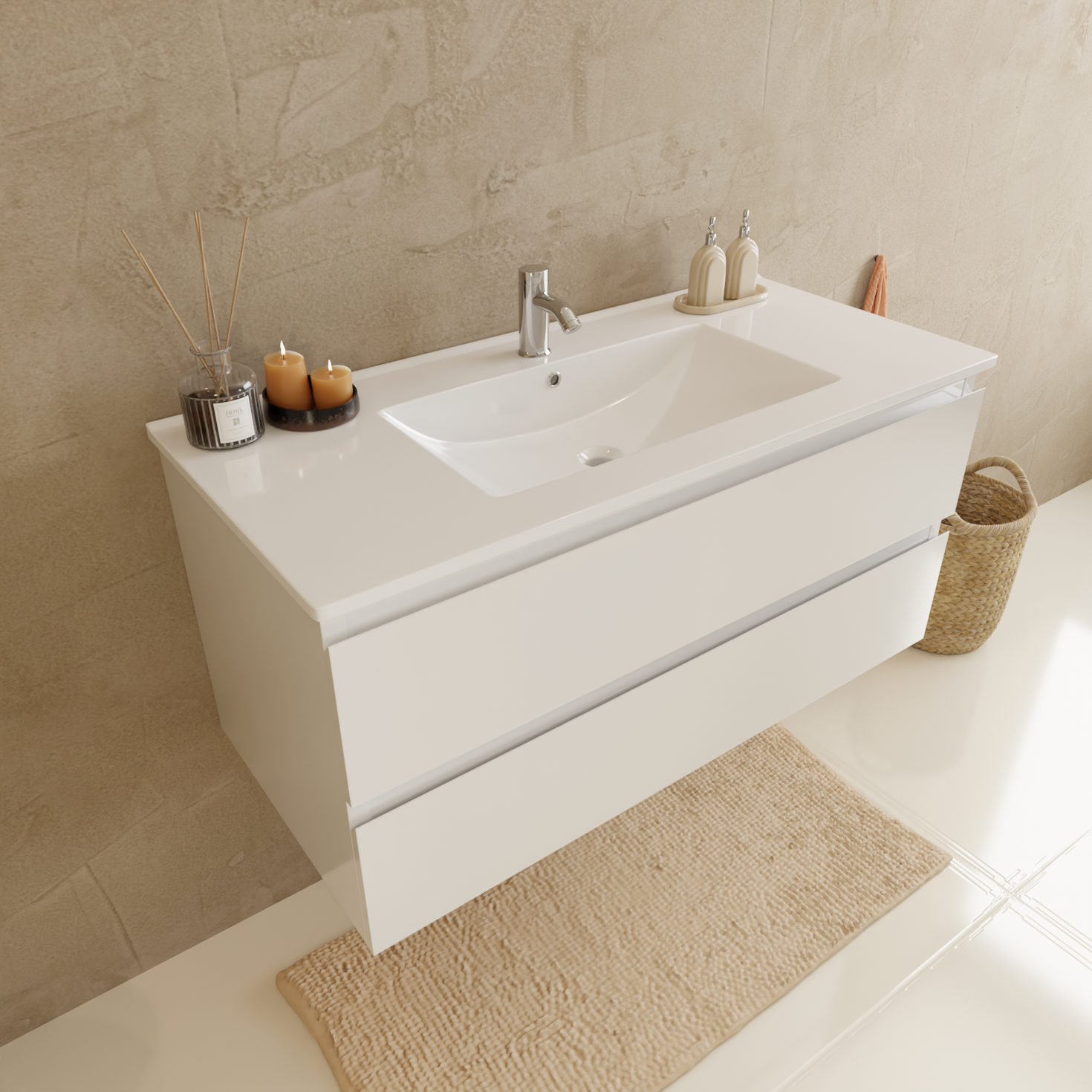 Set mobile bagno VERONA 100 cm - Con colonna - Bianco lucido - Lavabo bianco
