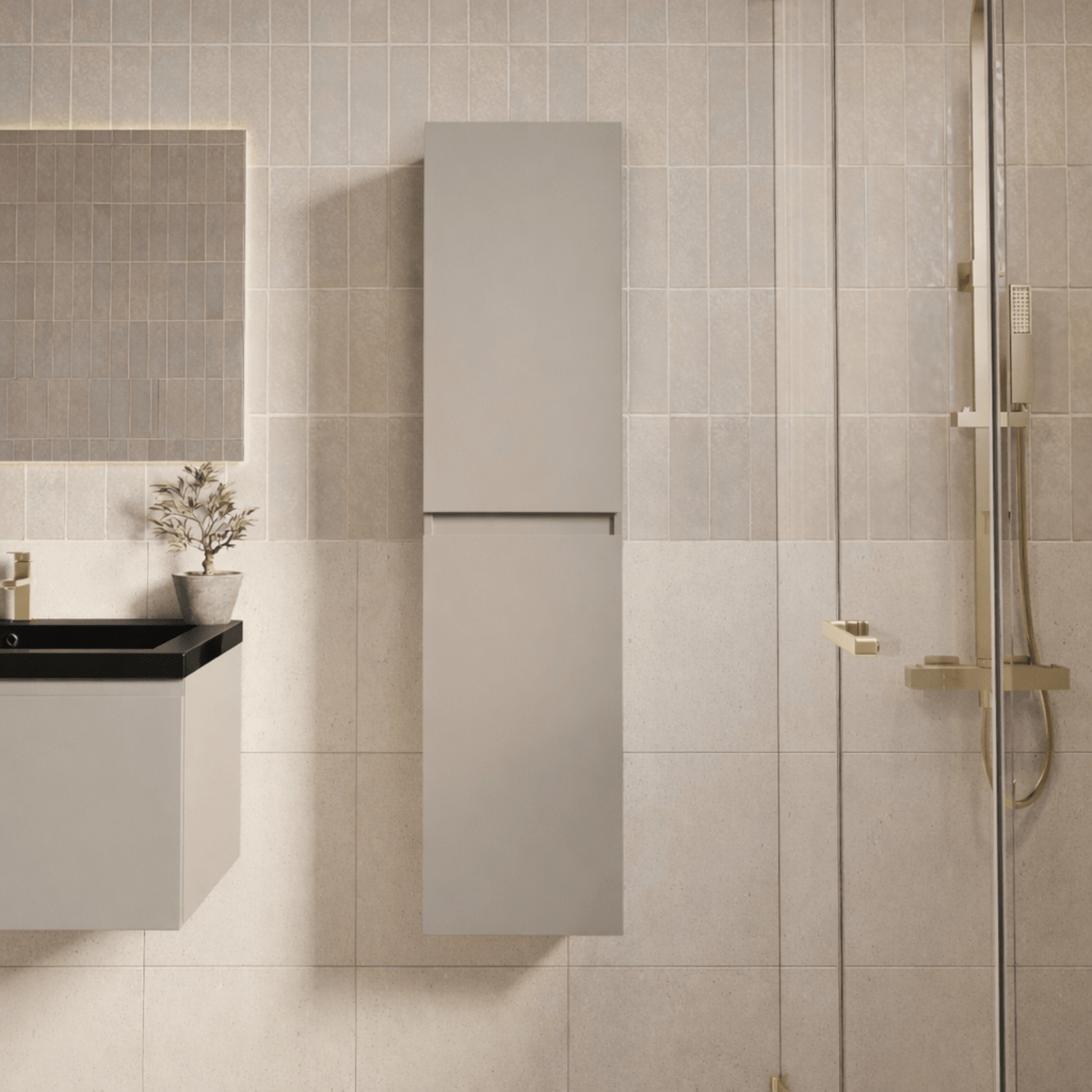 Badmeubelset SORRENTO 80cm - Met Kolomkast - Greige - Wastafel Zwart - lomazoo.com