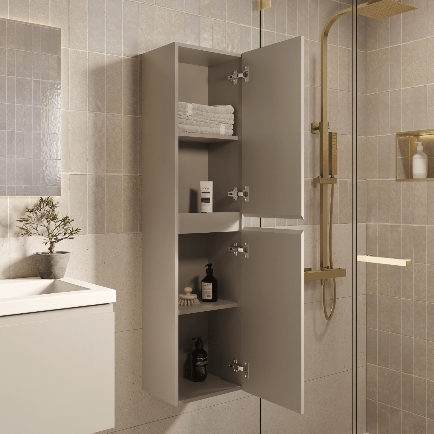 Badmeubelset SORRENTO 60cm - Met Kolomkast - Greige - Wastafel Wit - lomazoo.com