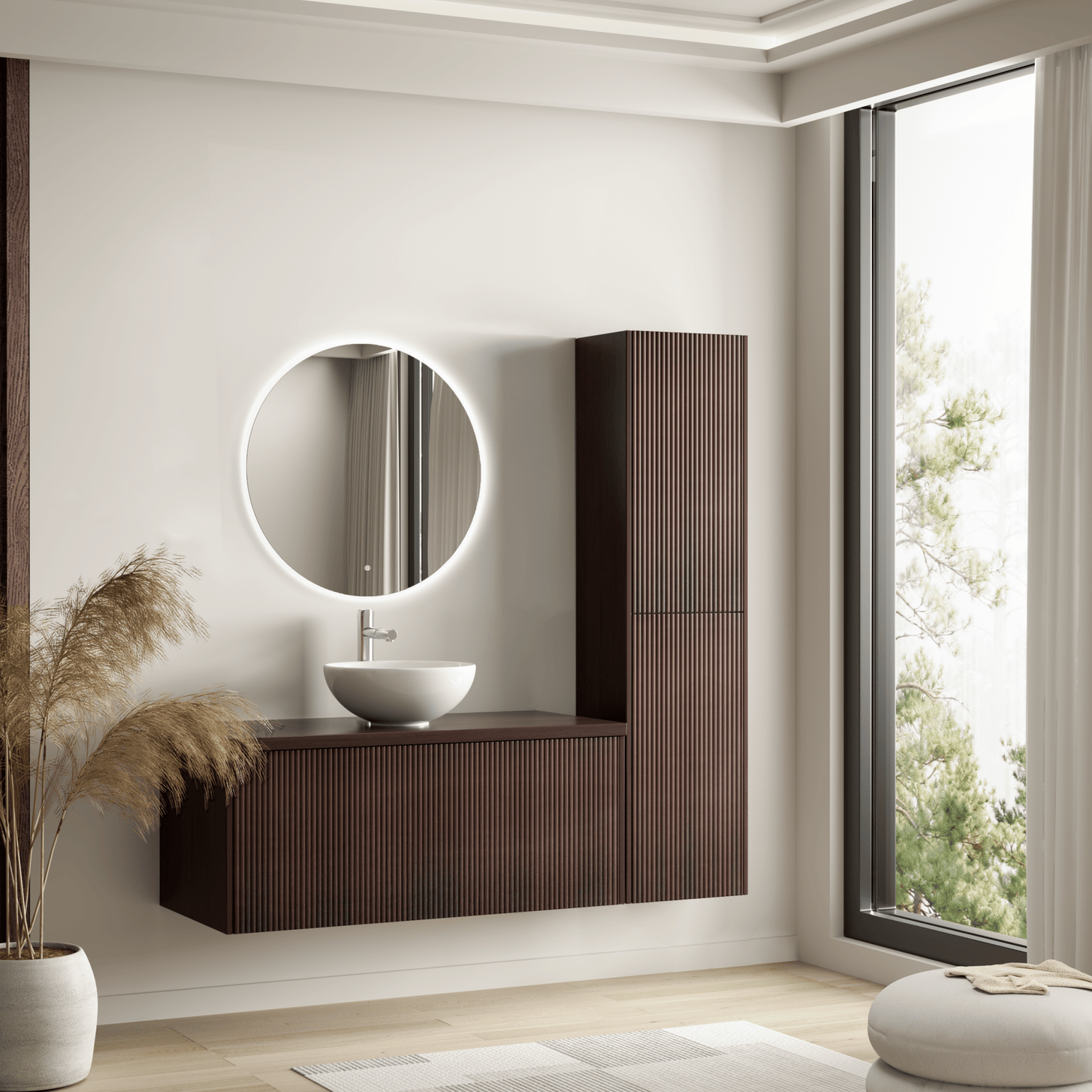 MESSINA Ribbel Walnoot - Waskom Wit - 100cm - lomazoo.com