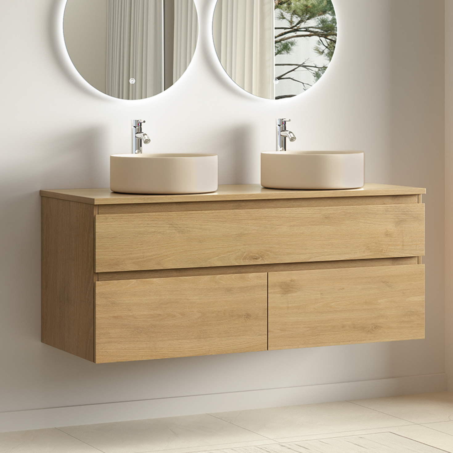 Alira Rovere chiaro - 2 lavabi rotondi - 120 cm