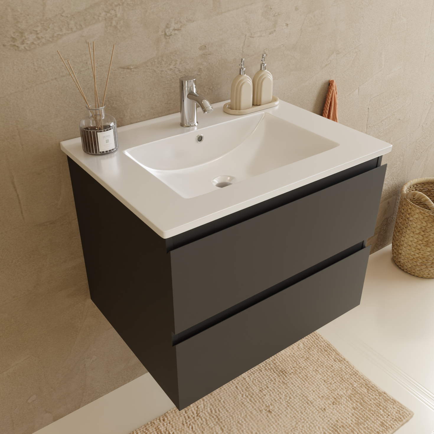 Set mobile bagno VERONA 60 cm - Con colonna - Nero opaco - Lavabo bianco