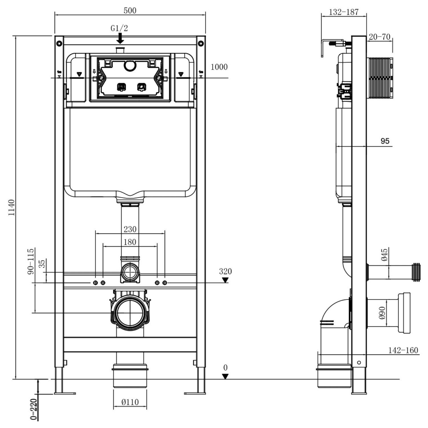 Hangtoilet met Inbouwreservoir - Rond Wit - Drukplaat Rond Gunmetal - Linea - lomazoo.com