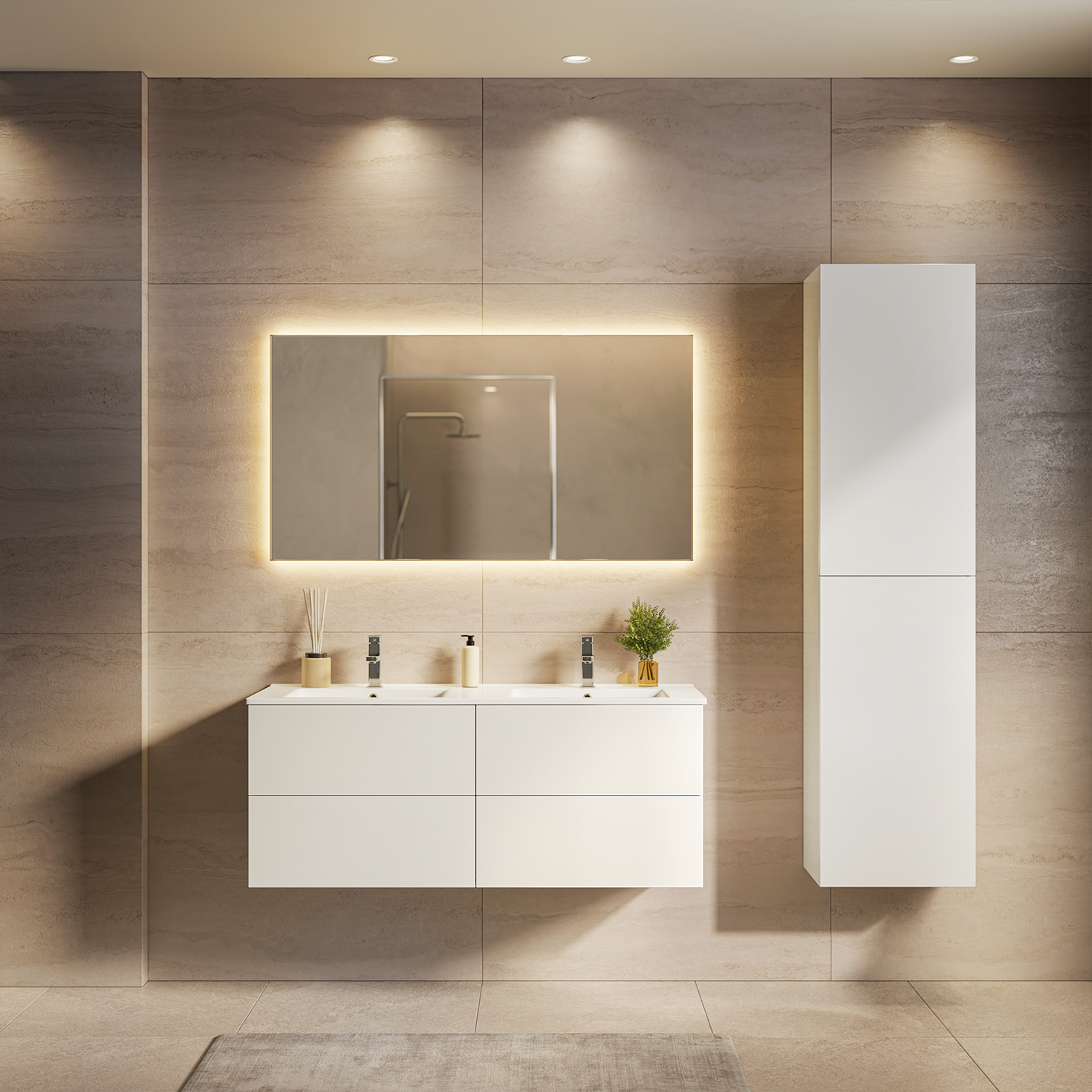Set di mobili da bagno NUVANO 120 cm - Con colonna - Bianco lucido - Lavabo bianco