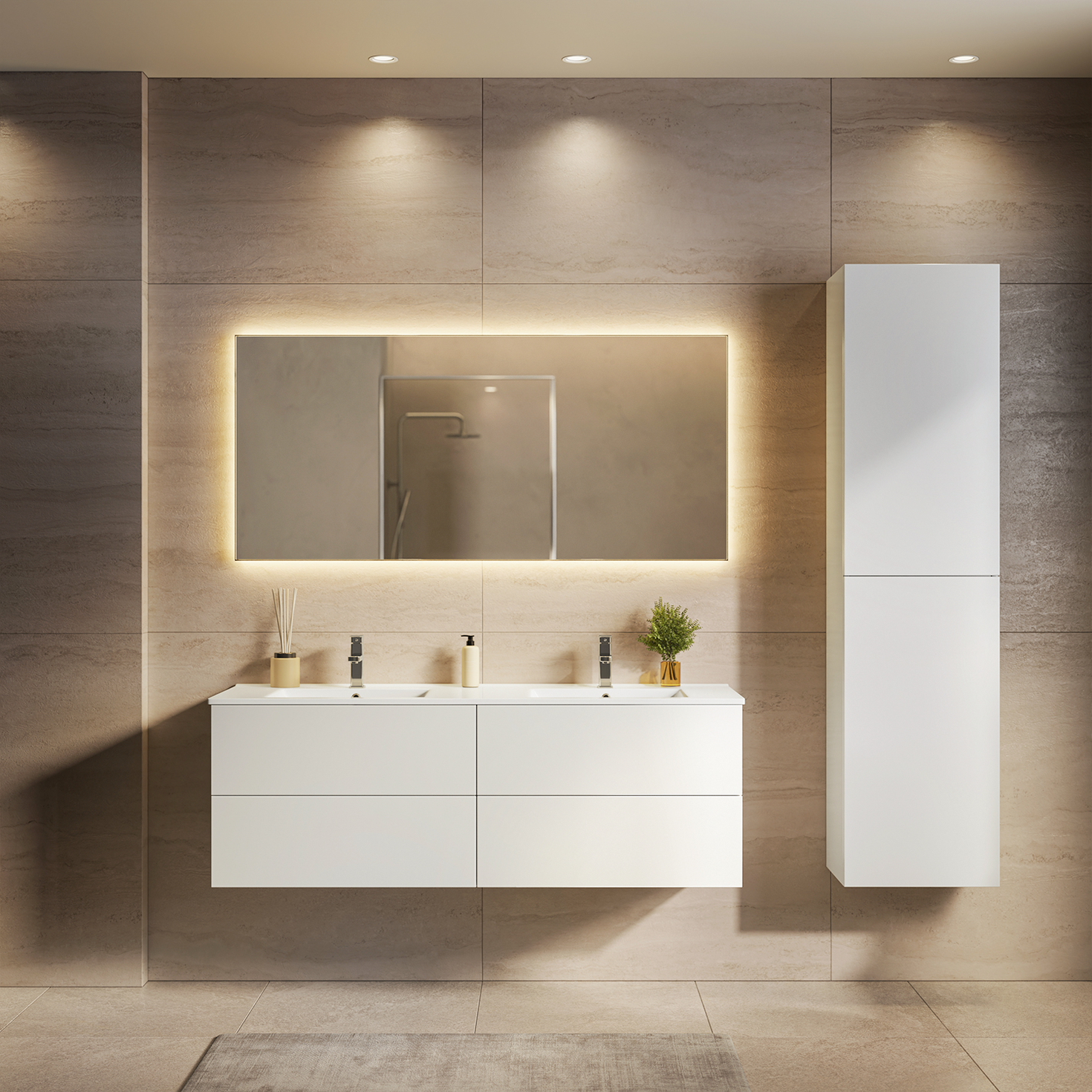 Set di mobili da bagno NUVANO 140 cm - Con colonna - Bianco lucido - Lavabo bianco