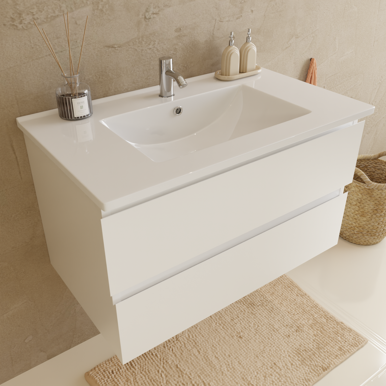 Set mobile bagno VERONA 80 cm - Con colonna - Bianco lucido - Lavabo bianco