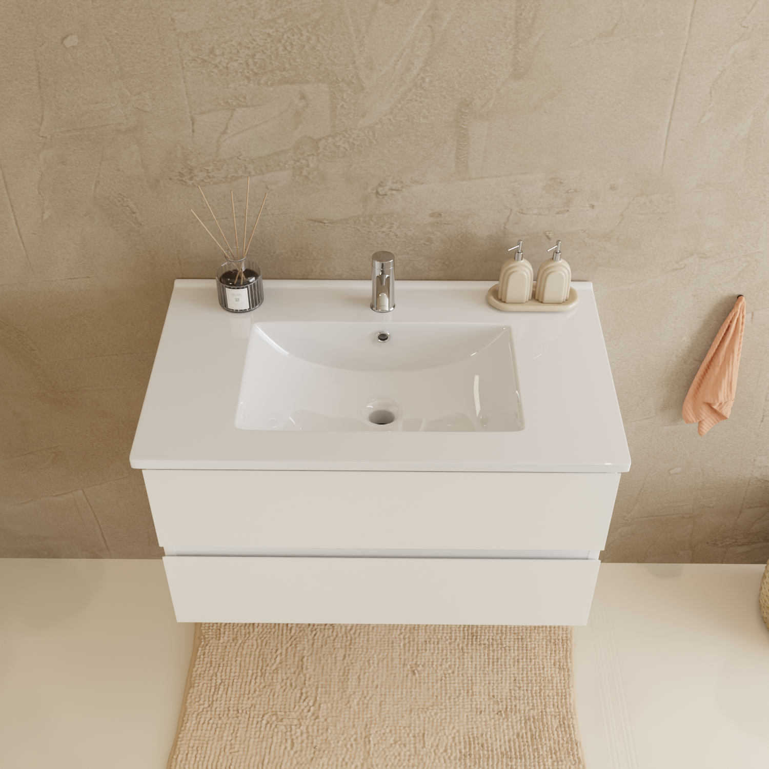 Badmeubelset VERONA 80 cm - Met Kolomkast - Glanzend Wit - Wastafel Wit