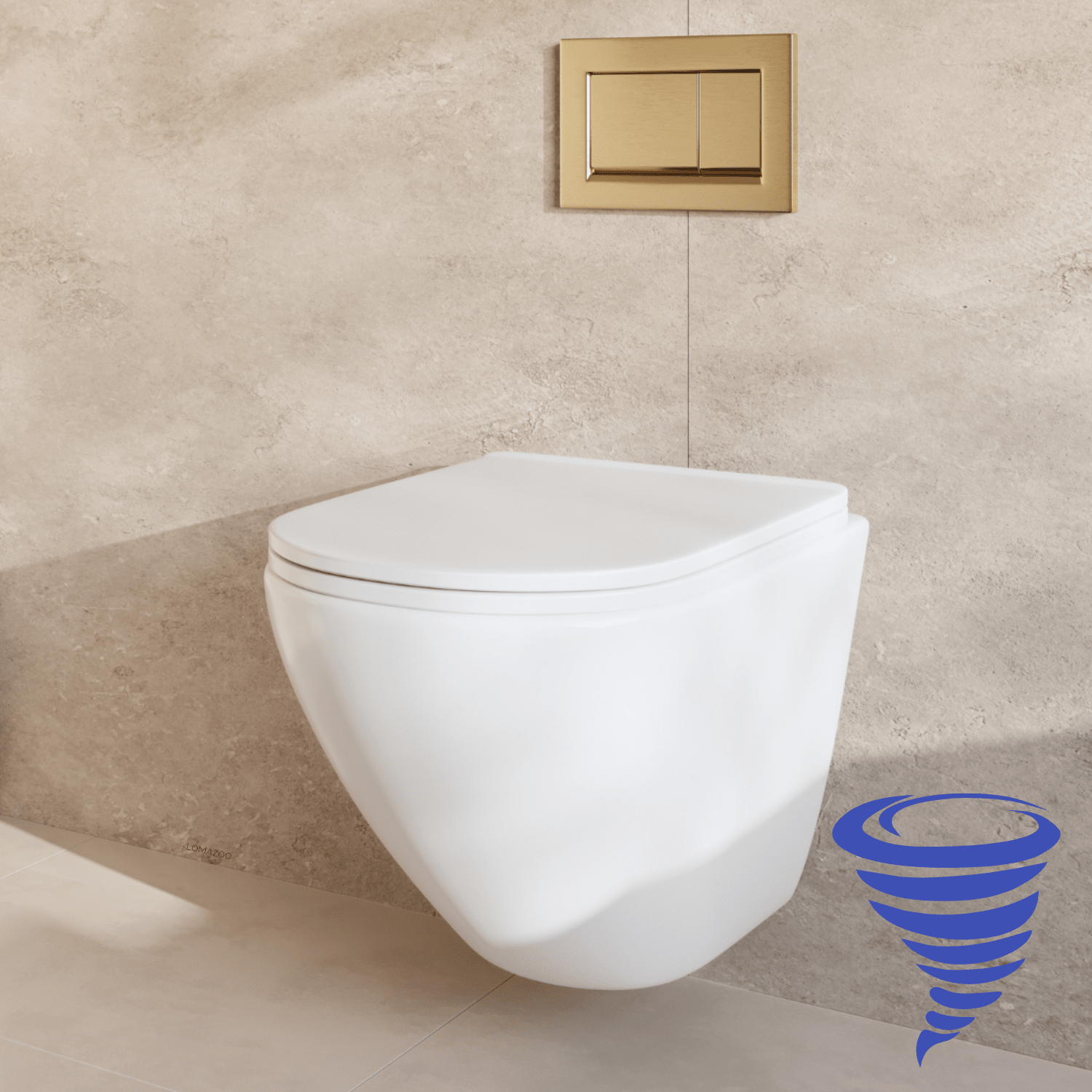 Hangtoilet met Inbouwreservoir - Rond Wit - Drukplaat Vierkant Goud - Linea - lomazoo.com