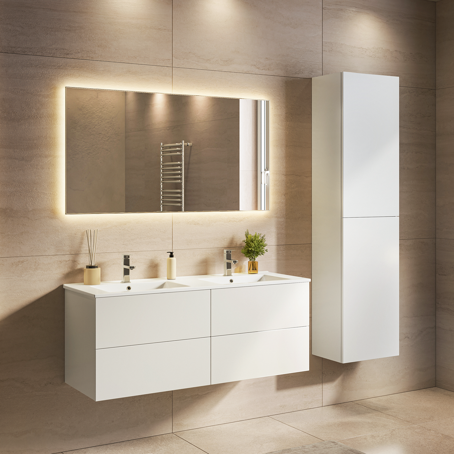 Set di mobili da bagno NUVANO 120 cm - Con colonna - Bianco lucido - Lavabo bianco