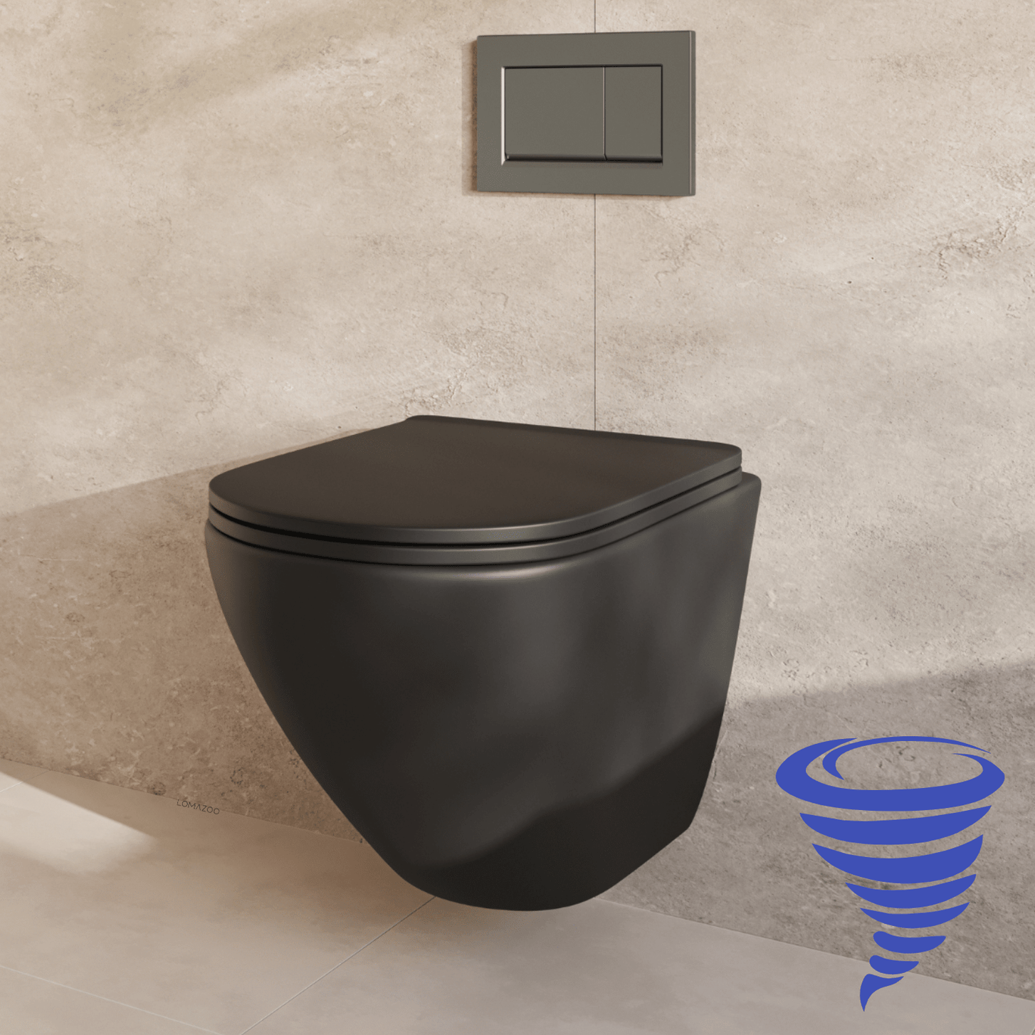 Hangtoilet met Inbouwreservoir - Rond Zwart - Drukplaat Vierkant Gunmetal - Linea - lomazoo.com