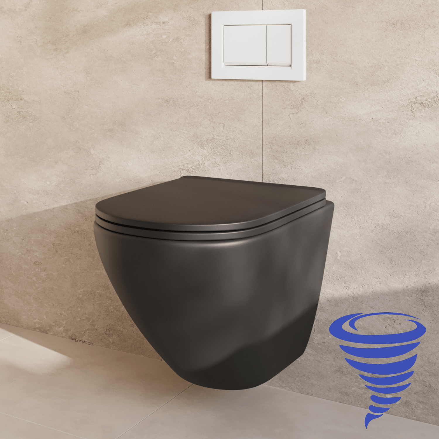 Hangtoilet met Inbouwreservoir - Rond Zwart - Drukplaat Vierkant Wit - Linea - lomazoo.com