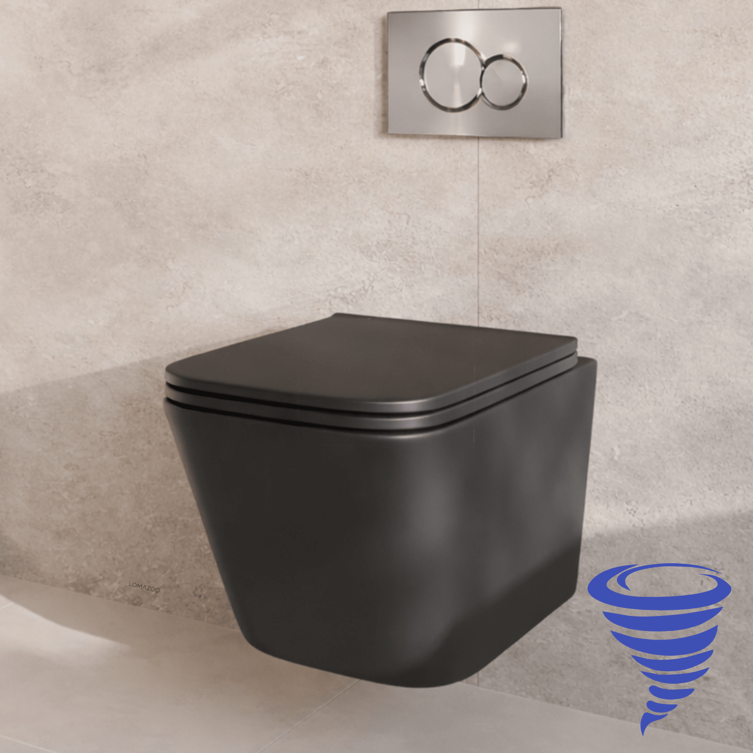 Hangtoilet met Inbouwreservoir - Vierkant Zwart - Drukplaat Rond Chroom - Linea - lomazoo.com